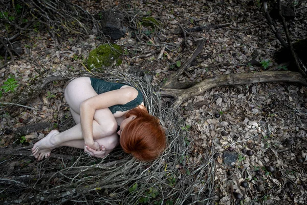 Tahta bir yuvanın içinde cenin pozisyonunda kıvrılmış bir kadının kavramsal görüntüsü.