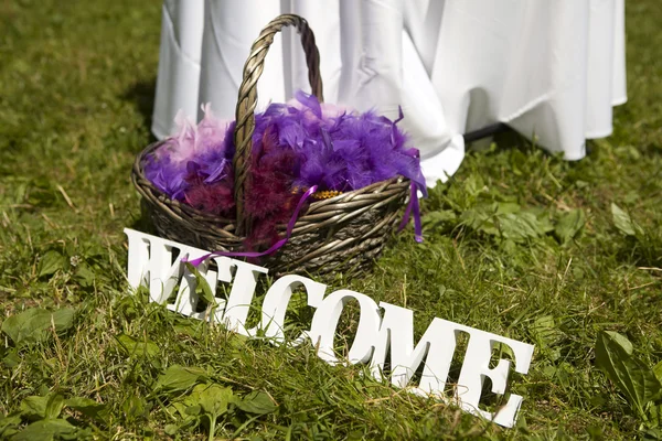 Madeira mão feita Bem-vindo casamento decoração — Fotografia de Stock