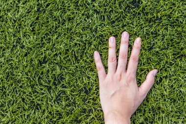 kız eli futbol sahasında çimenlerin üzerinde
