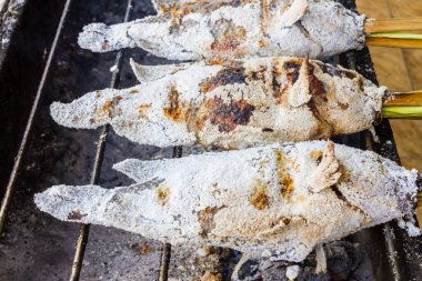 Tuzlanmış ızgara yılan başlı balık ve şifalı otlar.