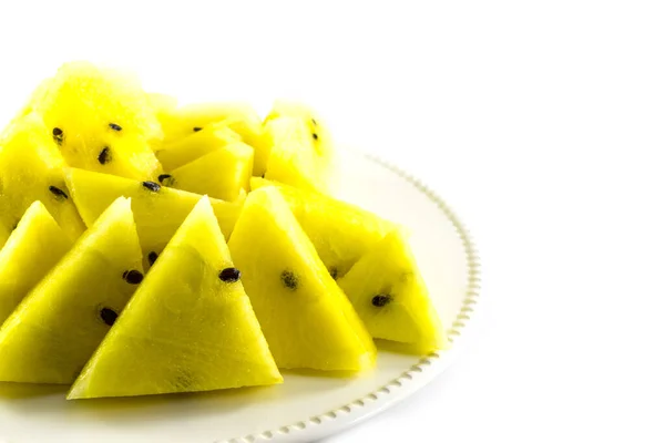 Slices Yellow Watermelon White Disk White Background — Stock Photo, Image
