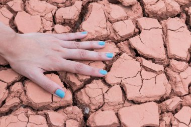 Kadın elleri kuru toprakta ya da çatlak toprak arka planda