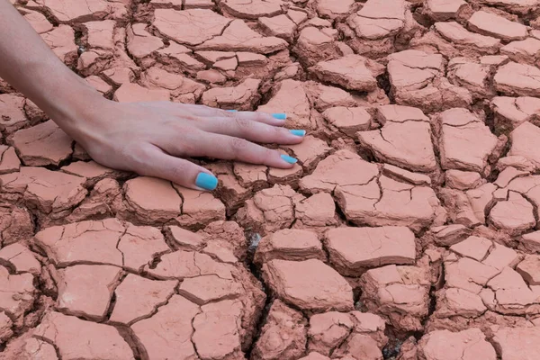 Kadın elleri kuru toprakta ya da çatlak toprak arka planda