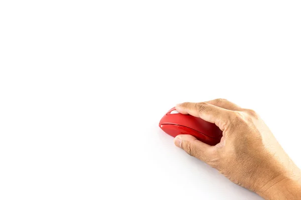 Man Hand Hålla Röd Trådlös Mus Vit Bakgrund — Stockfoto