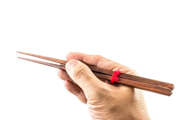 男性手持在白色背景下隔离的筷子 — 图库照片