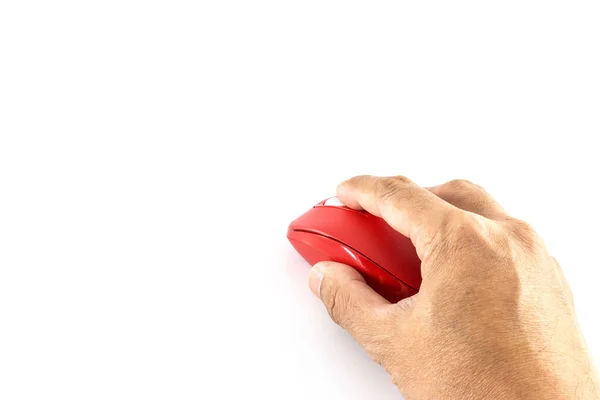 男性手保持赤無線マウス上の白の背景 — ストック写真