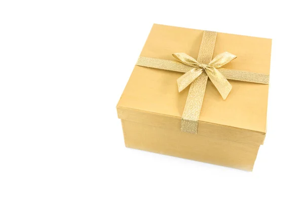 Gouden Geschenkdoos Met Gouden Lint Witte Achtergrond — Stockfoto