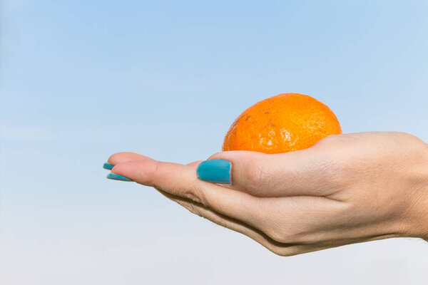 Beautiful female hands with the orange  on the sky