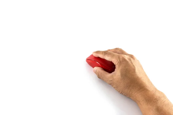 Man Hand Houden Rode Draadloze Muis Witte Achtergrond — Stockfoto