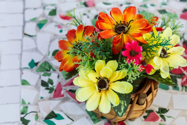 Artificial Flowers Wooden Vase White Background — Fotografia de Stock
