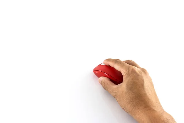 男性手保持赤無線マウス上の白の背景 — ストック写真