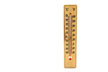 Tahta termometre beyaz arkaplanda izole edildi