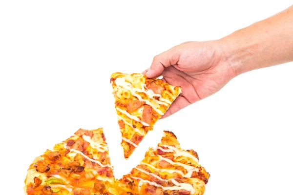 Mâna Apucând Felie Pizza Izolată Fundal Alb — Fotografie, imagine de stoc