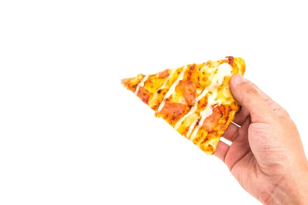 Felie Pizza Mână Izolată Fundal Alb — Fotografie, imagine de stoc