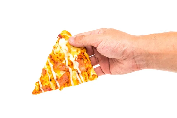 Scheibe Pizza Mit Hand Isoliert Auf Weißem Hintergrund — Stockfoto