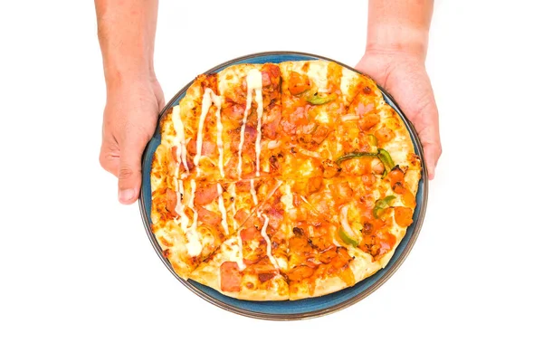 Zwei Hände Schicken Ihnen Die Italienische Pizza Delicious Über Weiß — Stockfoto