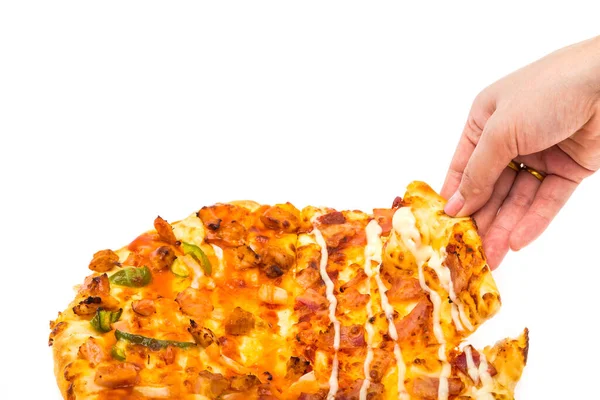 Mão Agarrando Uma Fatia Pizza Isolado Fundo Branco — Fotografia de Stock