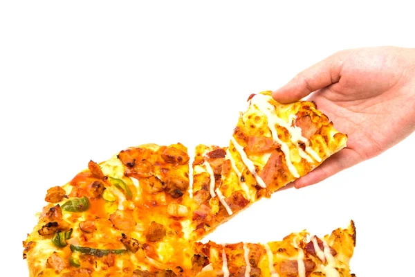 Hand Ergreift Ein Stück Pizza Isoliert Auf Weißem Hintergrund — Stockfoto