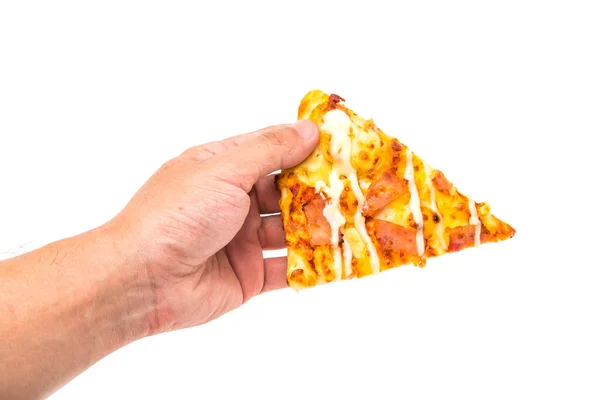 Fetta Pizza Con Mano Isolata Fondo Bianco — Foto Stock