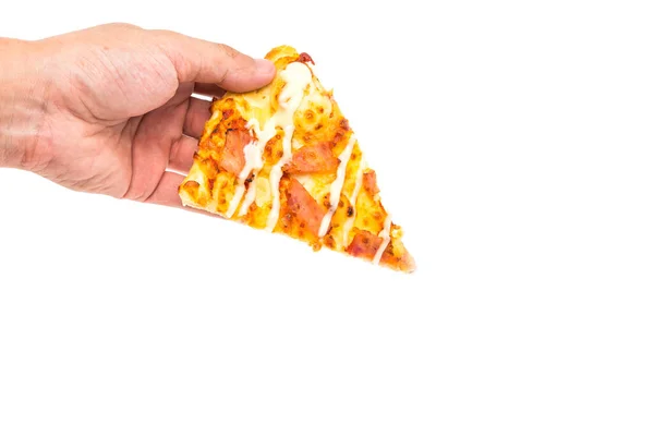 Scheibe Pizza Mit Hand Isoliert Auf Weißem Hintergrund — Stockfoto