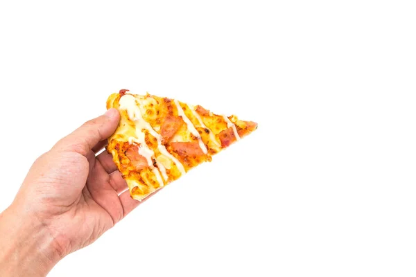 Fatia Pizza Com Mão Isolada Fundo Branco — Fotografia de Stock