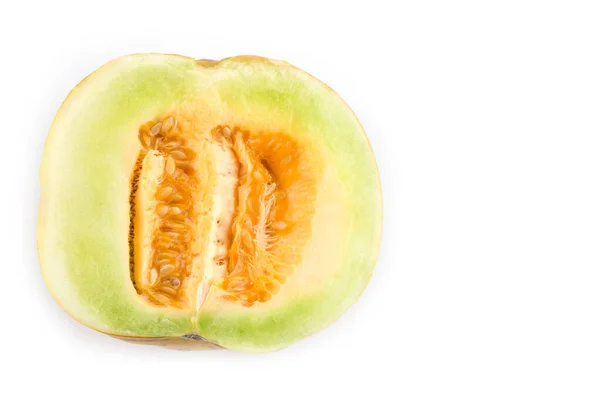 Cantaloupe Gesneden Helft Geïsoleerd Witte Achtergrond — Stockfoto