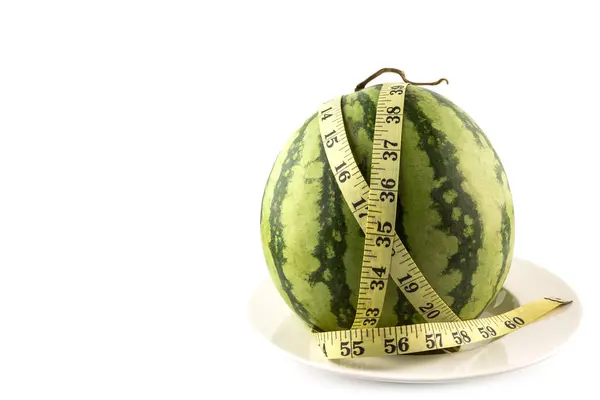 Diet Concept Fresh Green Melon Measuring Tape Isolated White Background — Stock Photo, Image