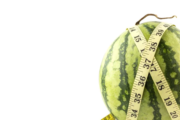 Koncepcja Diety Świeży Zielony Melon Taśmą Pomiarową Izolowane Białym Tle — Zdjęcie stockowe