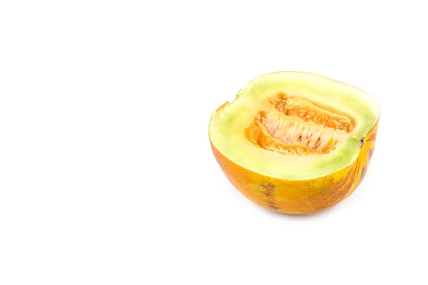 Cantaloupe Gesneden Helft Geïsoleerd Witte Achtergrond — Stockfoto