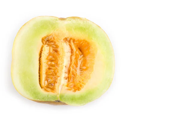 Cantaloupe Gesneden Helft Geïsoleerd Witte Achtergrond — Stockfoto