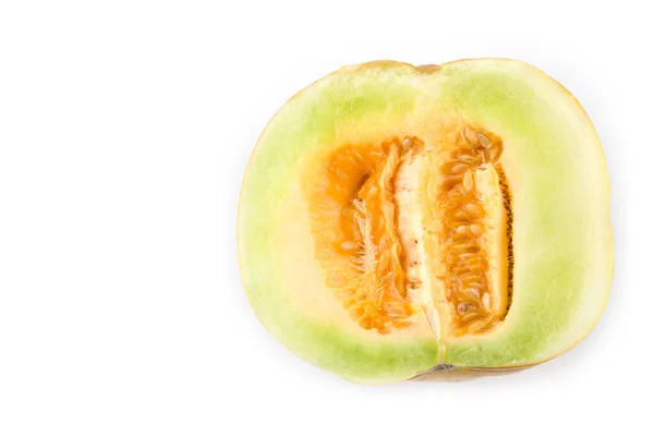 Cantaloupe Gesneden Helft Geïsoleerd Witte Achtergrond — Stockfoto