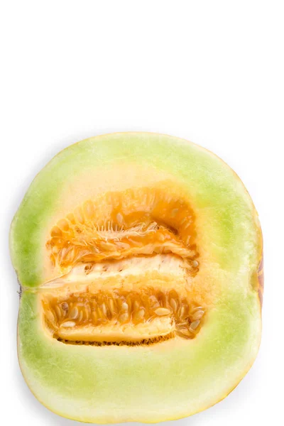 Cantaloupe Gesneden Helft Geïsoleerd Witte Achtergrond — Stockfoto