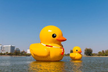 Mavi gökyüzündeki suda büyük sarı ördek