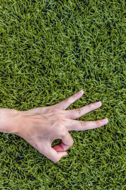 Yeşil çim arka planda kızın elini yakın plan çek.