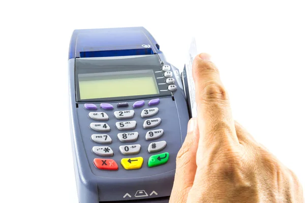 Hand Hält Kreditkarte Mit Kreditkartenautomat Isoliert Auf Weißem Hintergrund — Stockfoto