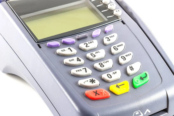 Nahaufnahme Des Zahlungsautomaten Kreditkartenautomat Isoliert Auf Weißem Hintergrund — Stockfoto
