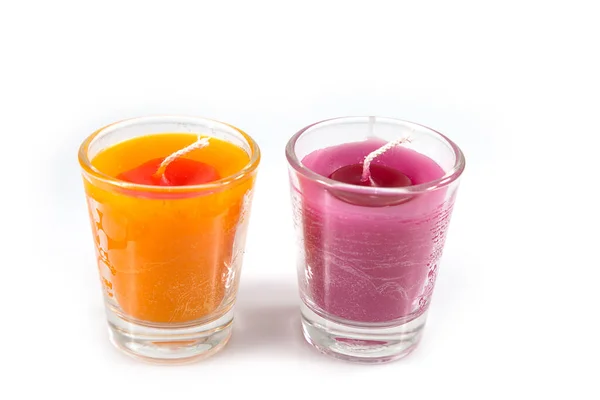 Aroma Orange Und Rosa Kerze Glas Isoliert Auf Weißem Hintergrund — Stockfoto