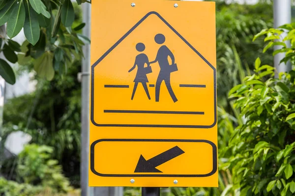 Traffic Sign School Warning Sign Here Green Leaf Background — Stock Photo, Image