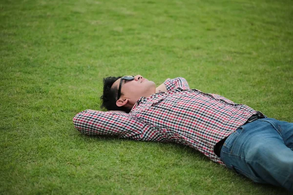 Man Lying Green Grass Wearing Check Shirt Blue Jeans Park Royalty Free Stock Images
