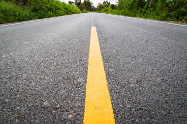 Tarımsal tarlalardan geçen boş asfalt yolda sarı çizgiye doğru