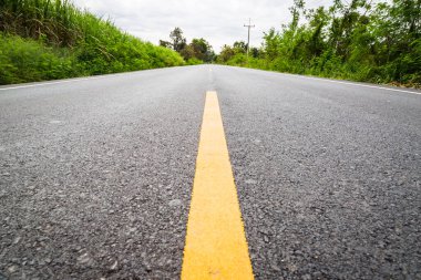 Tarımsal tarlalardan geçen boş asfalt yolda sarı çizgiye doğru