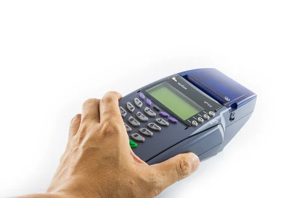 Kreditkartenlesegerät Der Hand Isoliert Auf Weißem Hintergrund — Stockfoto