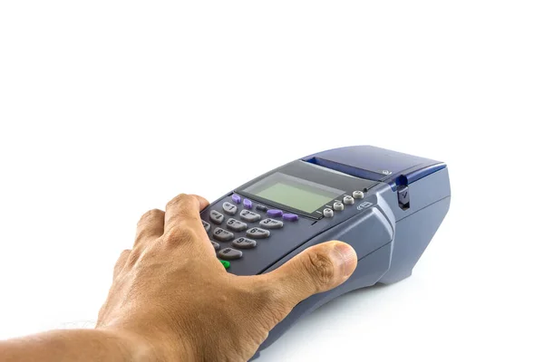 Kreditkartenlesegerät Der Hand Isoliert Auf Weißem Hintergrund — Stockfoto