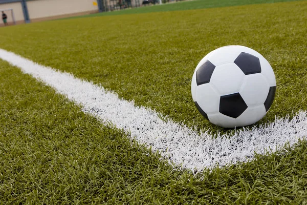 Soccer Ball Football Artificial Grass White Stripe Football Stadium — Stock Photo, Image