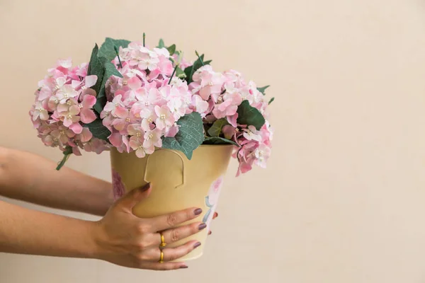 Mão Segurar Baldes Flores Tecido Rosa Fundo Bege — Fotografia de Stock