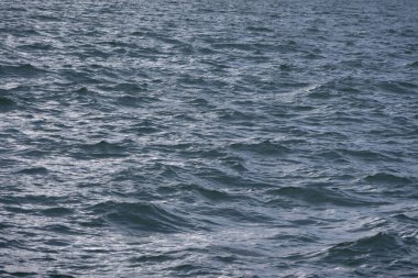 Koyu mavi okyanus su yüzeyine yakın çekim, hafif dalgalar ve ışığı yansıtan küçük dalgalar..