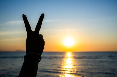 Siluetli el, okyanusun üzerinde parlayan bir günbatımına karşı barış işareti yapıyor. Altın ışık suya yansıyor.