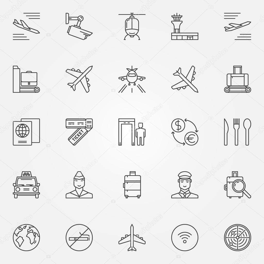 Airport icons set - vector thin line air travel symbols. Airport
