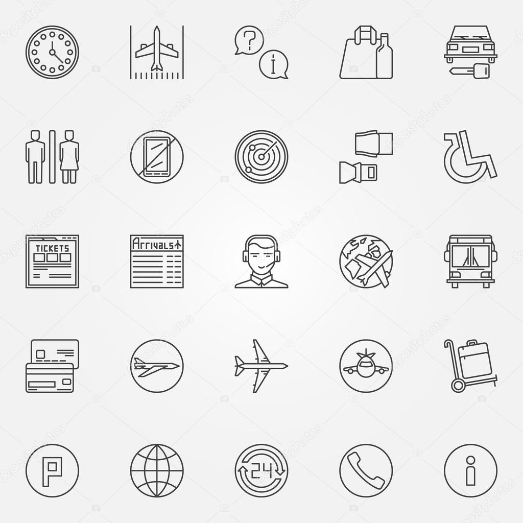 Airport linear icons - vector set of aviation or air travel signs. Airport symbols in thin line style