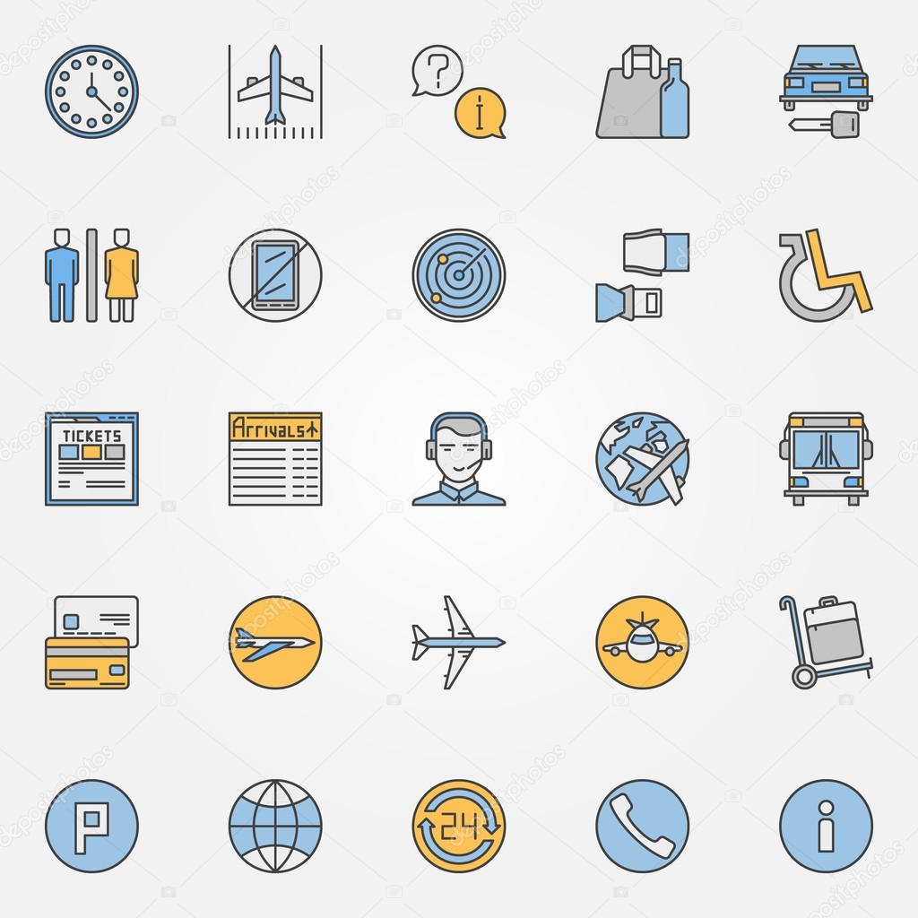 Colorful air travel or airport icons - vector set of airport symbols or travel signs
